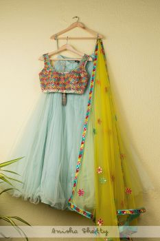 Aqua Sky Blue Net Tulle Lehenga With Multi Color Mirror Lehenga With Yellow Dupatta