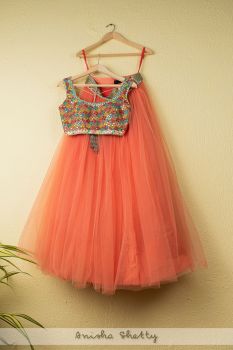 Coral Tulle Lehenga With Multicolor Mirror Blouse
