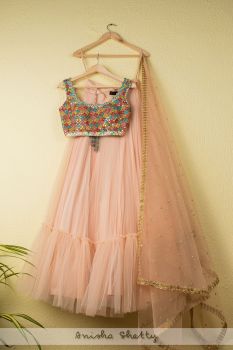 Salmon Pink Tiered Lehenga With Multicolor Mirror Blouse & Salmon Pink Dupatta