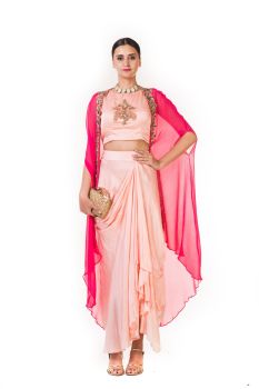 Hand Embroidered Peach Crop Top & Skirt with a Long Cape