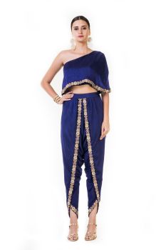 Embroidered lnk Blue Single Shoulder Indowestern Cape & Dhoti Set