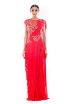 Crimson Red Drapped Gown Saree
