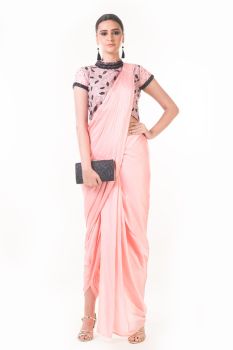 Peach Draped Dhoti with Shaded Palla & Patta work Croptop