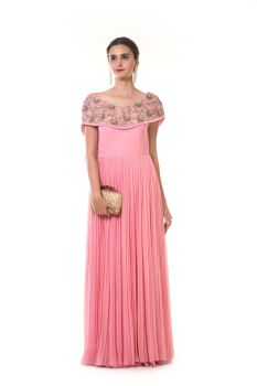 Hand Embroidered Rose Pink Cape Style Micro Pleated Gown