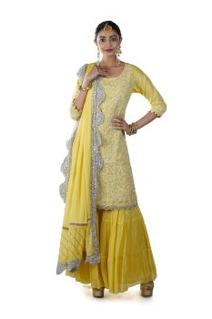 Yellow Jaal Hand Embroidered Kurta & Sharara Set paired with a Gota Scallop Embroidered Dupatta