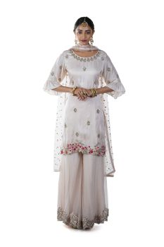 Light Peach Floral Hand Embroidered Kurta & Scallop Bordered Sharara Set paired with a Dupatta