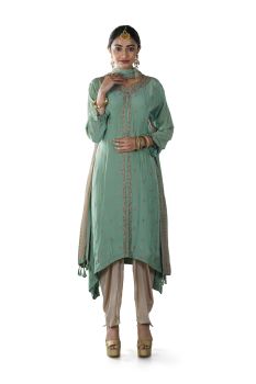 Green Hand Embroidered High Low Kurta paired with a Beige Dhoti & Tie & Dye