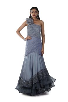 Grey Hand Embroidered Single Shoulder Asymmetrically Layered & Shaded Gown with 3D Flower Embroidery