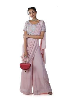 Blush Pink Hand Embroidered Crop Top paired with a Palazzo & an attached Draped Palla