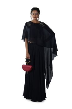 Black Crop Top & Sharara Set paired with a Rose Hand Embroidered Asymmetrical Cape
