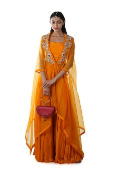 Yellowish Orange Crop Top & Palazzo Set with a Hand Embroidered Floral Threadwork Tie-Up Cape with pleats