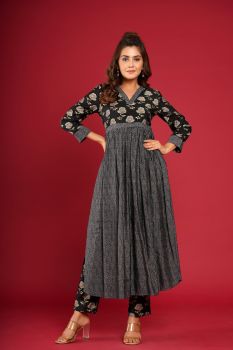 Black Floral Long Kurti Pant Set