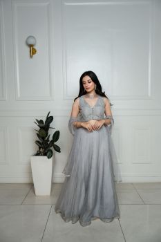 Grey beads blouse with organza lehenga set