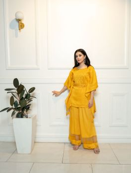 Yellow emb. short kaftan set with belt