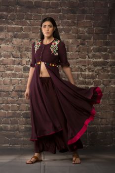 Deep wine dress style kurta paired with matching pants