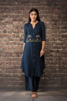 Navy blue handloom Linen twill kurta paired with matching pants.
