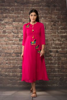 Fuchsia pink linen georgette kurta .