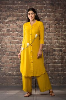 Mustard linen georgette kurta matching pants