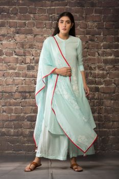 sky blue linen georgette kurta paired with matching pants and dupatta.