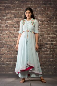 sky blue linen silk dress style kurta paired with matching pants