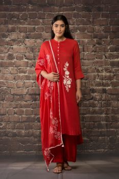 Red Linen Georgette Kurta Paired With Matching Pants And Dupatta