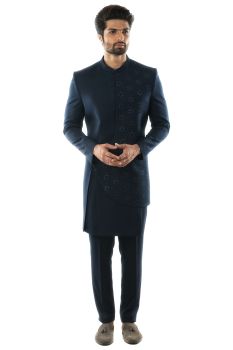 Assymetric Achkan in Navy Blue, Adorrned with French Knotwork Embroidery, Paired With Navy Blue Slim Fit Trousres.