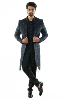 MidNight Blue Open Front Achkan with Overall Motif Embroidery, Paired with a Shirt Kurta Featuring an Embroidered Placket and Slim Fit Trousers