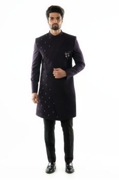 Purple Asymmetric Achkan with Horizontal and Vertical Pintucks Detailing, Paired with Slim Fit Trousers