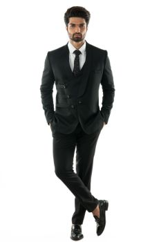 A 2 Piece Suit with a Stylised Waistcoat Detailing On The Blazer, Paired With Black Narrow Fitted Trousers