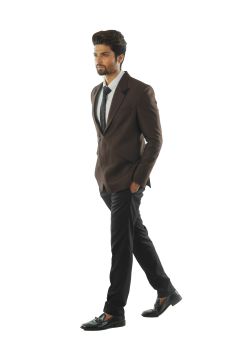 Textured Soil Brown Blazer with Notched Lapel, Paired With Black Trousers.