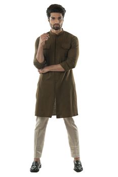 A Khaki Green Linen Kurta With Pintucks Detailing And Flap Pockets. Paired With Narrow Fitted Pintuck Pant Pajamas with Pintucks Detailing.