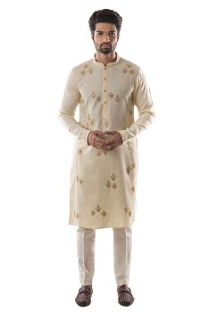 Cream Kurta Set with Beige Motif Embroidery using Challa Technique. Paired with Narrow fitted Pant Pajama
