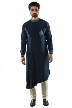 Navy Blue Drape Kurta in Twill Fabric with Motif embroidery in Silver Zari. Paired with Narrow fitted Pant Style Pajamas
