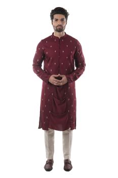 Maroon Centre Drape Kurta With Symmetrical Embroidered Panels. Paired with Cream Pant Style Pajamas.
