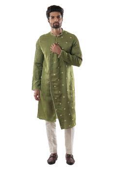 Grass Green Kurta Set With Motif Embroidery and Pintucks Detailing. Paired with Cream Pant Style Pajamas.