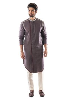 Grey Asymmetrical Kurta with Linear Silk Thread Embroidery And Maroon Piping Detail.
