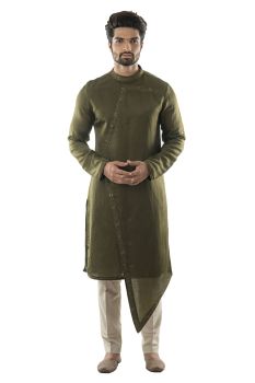 Olive Green Asymmetrical Kurta With Embroidered Border Panel. Paired with Cream Pant Style Pajamas.