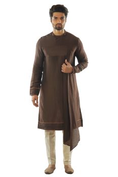Soil Brown Kurta with Dupatta Drape and Pintucks Detailing. Paired with Cream Pintuck Pant Style Pajamas.
