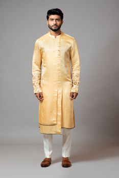 Assymetric Double Panel Kurta With Embroidered Sleeve And Pant Pajama