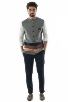 Bandi in Textured Grey Fabric with Tri-Colour Panel Detail.