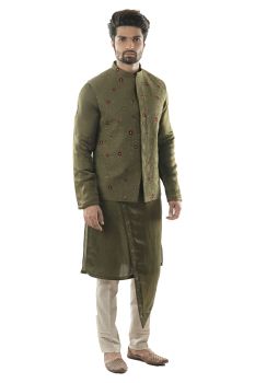 Olive Green Bandi Paired with Kurta and Pant Style Pajamas.