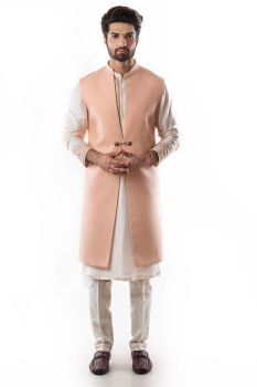 Salmon Pink Kurta Set Paired with Pant Style Pajamas with a Powder Pink Long Line Nehru Jacket