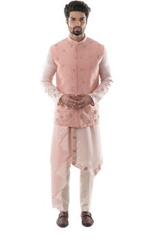 Pearl Pink French Knotwork and Zardozi Embroidery with A Dusty Pink Asymmetric Kurta With Zardozi Embroidery with Fitted Pant Pajama.