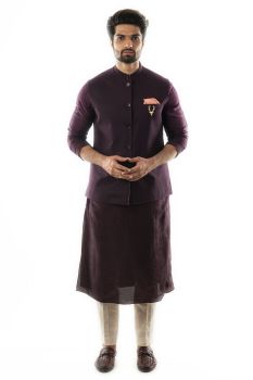 Purple Kurta Set Paired With A Purple Stichlined Nehru Jacket.
