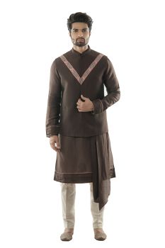 Soil Brown Bandi in Linen Satin with Linear Embroidery in Pastel coloured Silk Threads