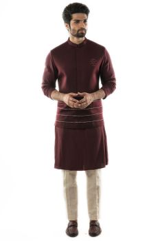 Red Wine Cord Detailing and Geometric Motif Embroidery. Paired With A Red Wine Double Breasted Kurta with Katha Embroidery On the Sleves with Narrow Fitted Pant Pajama Detailing.