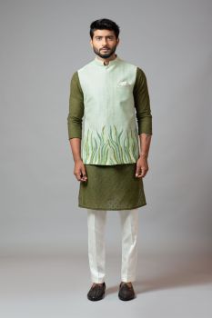 Olive Green Chanderi Kurta With Stitchlines Nehru And Resham Embroidery