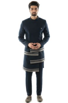 Navy Blue Layered Achkan with Slim Fit Navy Trousers