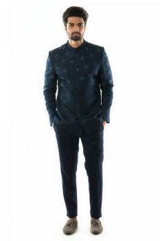 Navy Hand Embroidered Bandhgala with French Knots Detailing with Navy Slim Fit Trousers