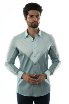 A Dual Coloured Casual Shirt With Piping Detail On Collars And Cuff, Accessorised With Metal Buttons.